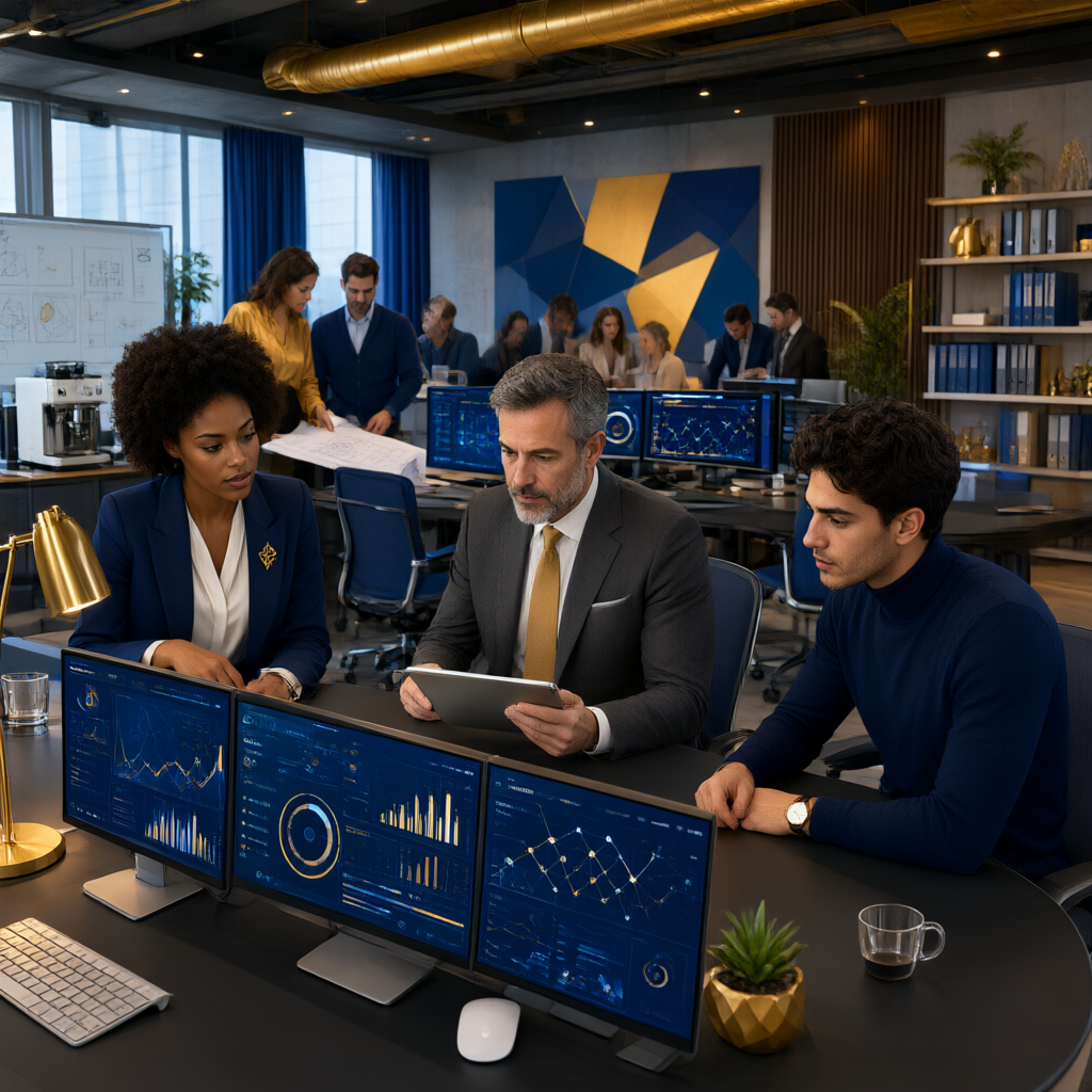 Équipe en réunion autour de tableaux de bord lumineux, illustration de l'intégration de l'IA en entreprise.